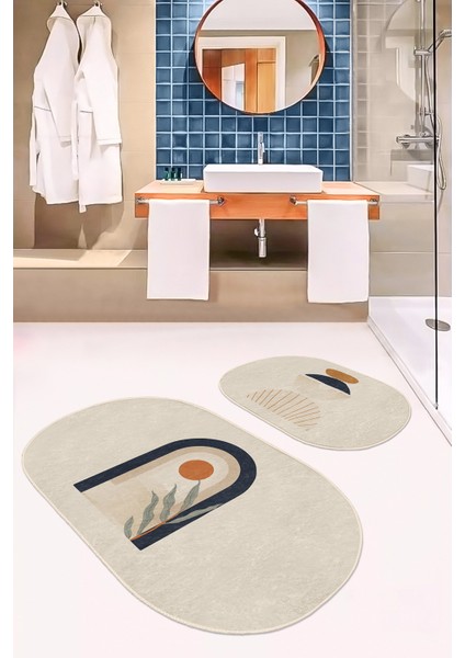 Onedraw Temalı Özel Tasarım Dijital Baskılı 2'li Oval Kaymaz Tabanlı Banyo & Mutfak Paspas Takımı modelleri