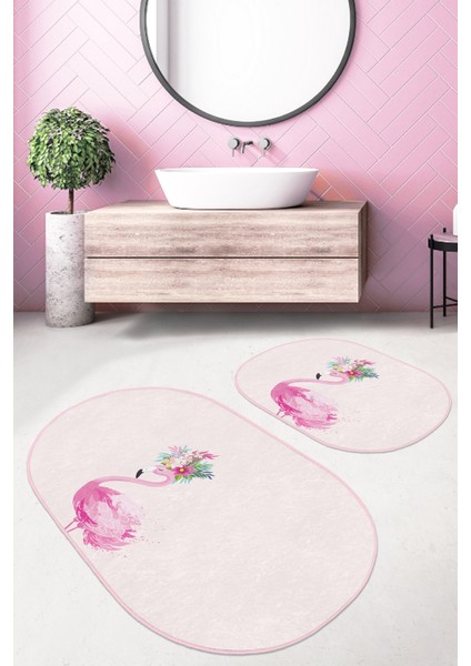 Pembe Zemin Flamingo Özel Tasarım 2'li Oval Banyo Paspas Takımı & Mutfak Paspas Seti fiyatları