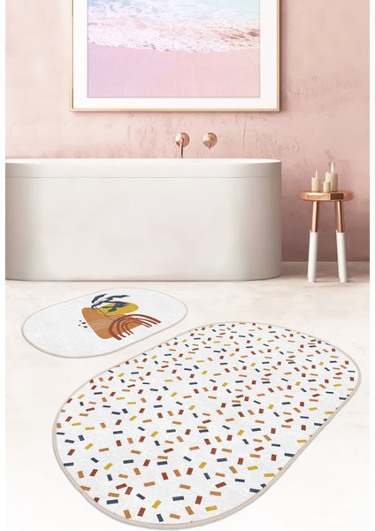 Renkli Geometrik Motifli 2'li Oval Kaymaz Tabanlı Banyo Paspas Takımı & Mutfak Paspas Seti