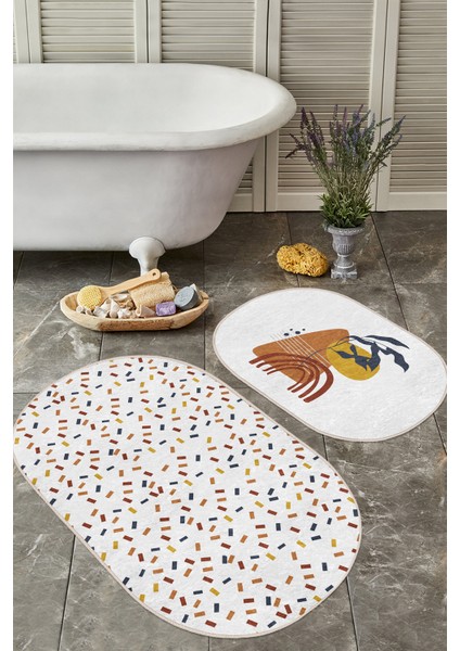 Renkli Geometrik Motifli 2'li Oval Kaymaz Tabanlı Banyo Paspas Takımı & Mutfak Paspas Seti