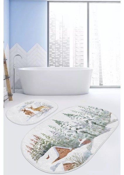Kış Temalı Bağ Evi Tasarımlı Dijital Baskılı 2'li Oval Kaymaz Tabanlı Banyo & Mutfak Paspas Takımı