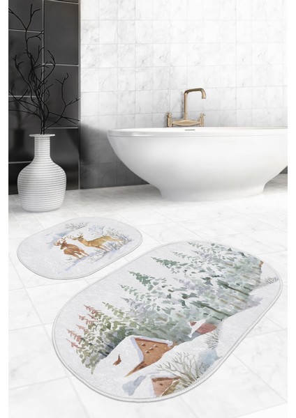 Kış Temalı Bağ Evi Tasarımlı Dijital Baskılı 2'li Oval Kaymaz Tabanlı Banyo & Mutfak Paspas Takımı