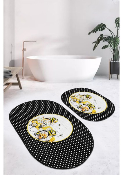Siyah Puantiyeli Sarı Arabalı 2'li Oval Kaymaz Tabanlı Banyo Paspas Takımı & Mutfak Halısı Seti