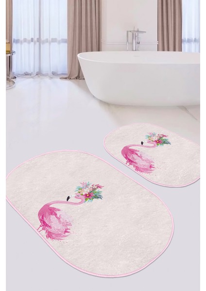 Pembe Zemin Flamingo Özel Tasarım 2'li Oval Banyo Paspas Takımı & Mutfak Paspas Seti modelleri