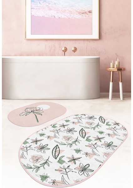 Tropik Çiçek Motifli 2'li Oval Kaymaz Tabanlı Banyo Paspas Takımı & Mutfak Paspas Seti