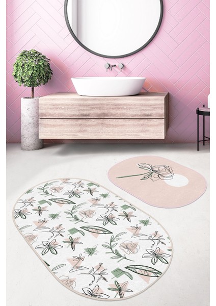 Tropik Çiçek Motifli 2'li Oval Kaymaz Tabanlı Banyo Paspas Takımı & Mutfak Paspas Seti