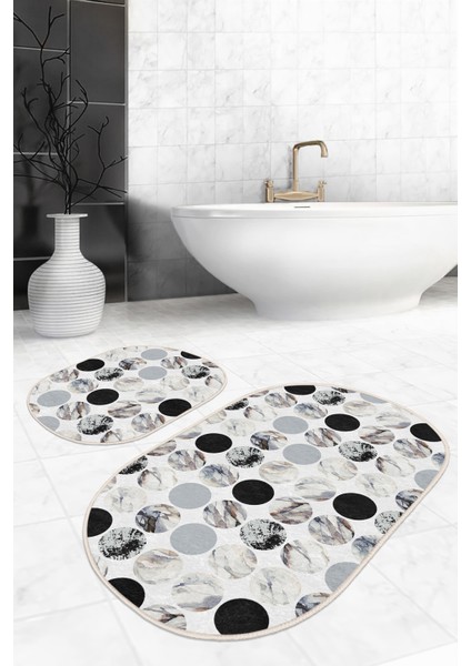 Oval Mermer Motifleri Dijital Baskılı 2'li Oval Kaymaz Tabanlı Banyo & Mutfak Paspas Takımı