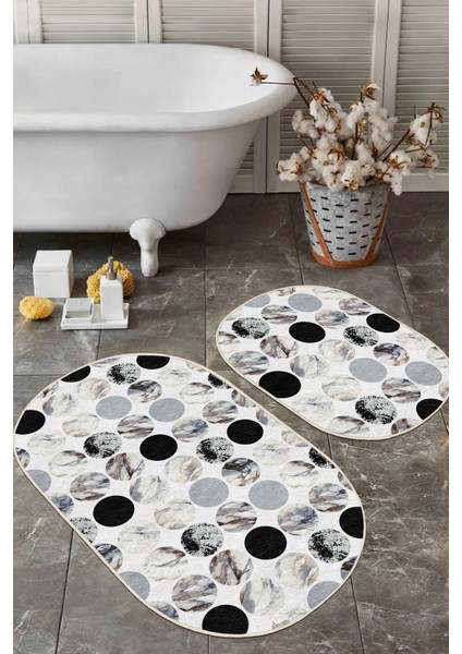 Oval Mermer Motifleri Dijital Baskılı 2'li Oval Kaymaz Tabanlı Banyo & Mutfak Paspas Takımı