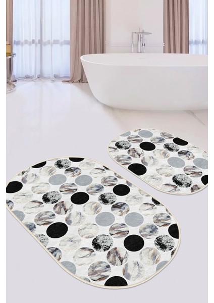 Oval Mermer Motifleri Dijital Baskılı 2'li Oval Kaymaz Tabanlı Banyo & Mutfak Paspas Takımı