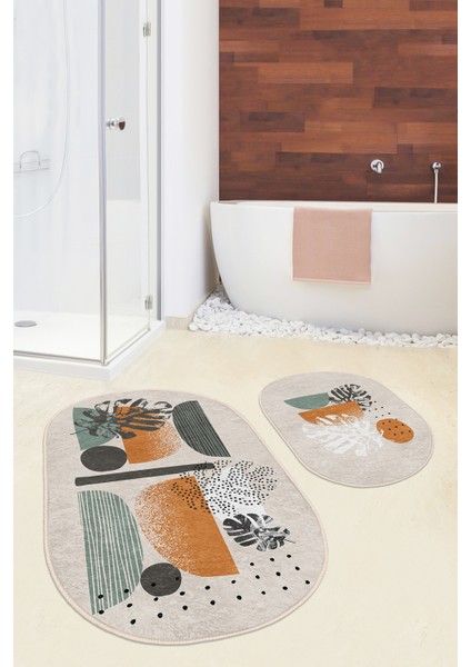 Pastel Renkli Yaprak Desenli Özel Tasarım 2'li Oval Kaymaz Tabanlı Banyo & Mutfak Paspas Takımı