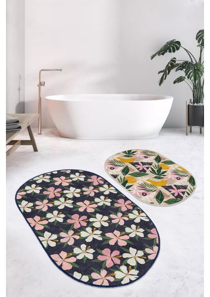 Renkli Çiçek Tasarımlı Dijital Baskılı 2'li Oval Kaymaz Tabanlı Banyo & Mutfak Paspas Takımı