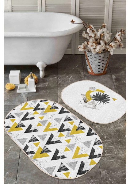 Mermer Desenli Geometrik Üçgen 2'li Oval Banyo Paspas Seti & Mutfak Halısı Paspas Seti