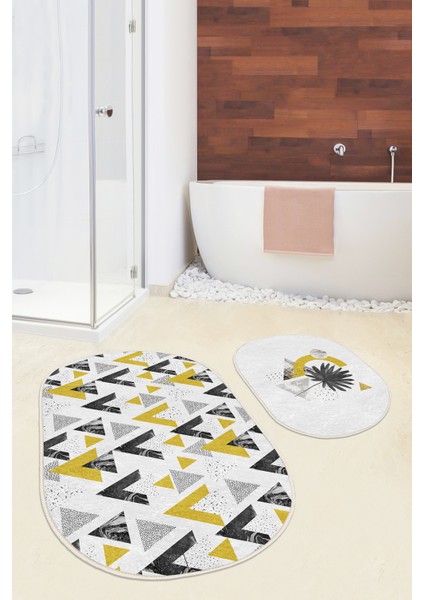 Mermer Desenli Geometrik Üçgen 2'li Oval Banyo Paspas Seti & Mutfak Halısı Paspas Seti