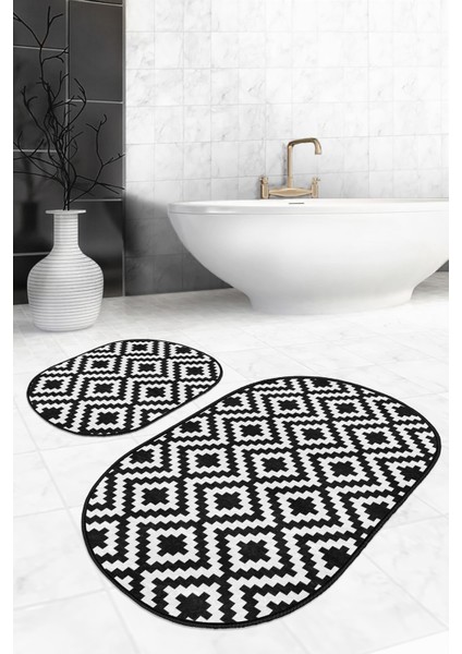 Siyah Beyaz Mozaik Desenli Dijital Baskılı 2'li Oval Kaymaz Tabanlı Banyo & Mutfak Paspas Takımı