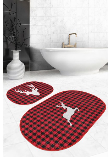 Kırmızı Ekose Geyik Motifli 2'li Oval Kaymaz Tabanlı Mutfak Paspas Seti & Banyo Paspas Takımı