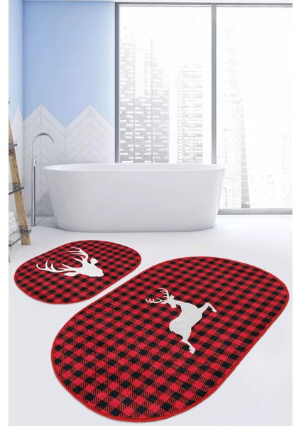 Kırmızı Ekose Geyik Motifli 2'li Oval Kaymaz Tabanlı Mutfak Paspas Seti & Banyo Paspas Takımı