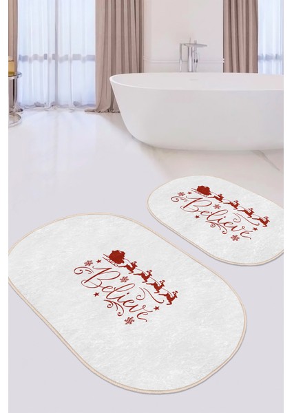 Beyaz Zeminli Yılbaşı Motifli 2'li Oval Kaymaz Tabanlı Mutfak Paspas Seti & Banyo Paspas Takımı