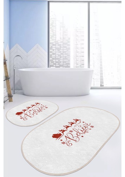 Beyaz Zeminli Yılbaşı Motifli 2'li Oval Kaymaz Tabanlı Mutfak Paspas Seti & Banyo Paspas Takımı