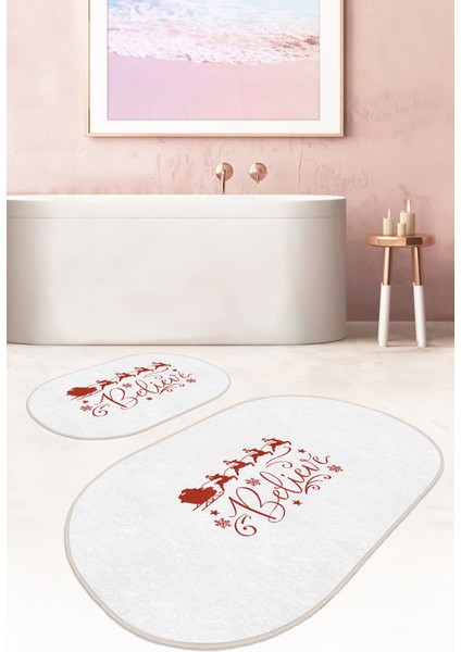 Beyaz Zeminli Yılbaşı Motifli 2'li Oval Kaymaz Tabanlı Mutfak Paspas Seti & Banyo Paspas Takımı