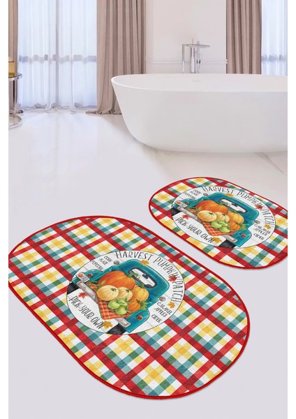 Renkli Ekose Kabak Temalı 2'li Oval Kaymaz Tabanlı Klozet Takımı & Banyo Paspas Seti