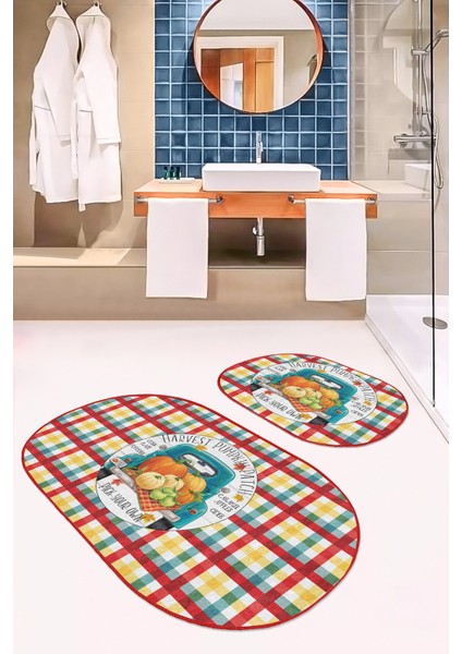 Renkli Ekose Kabak Temalı 2'li Oval Kaymaz Tabanlı Klozet Takımı & Banyo Paspas Seti