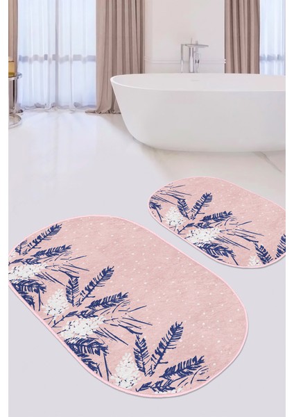 Pembe Zemin Lacivert Yapraklar Özel Tasarım 2'li Elips Kaymaz Tabanlı Banyo & Mutfak Paspas Takımı