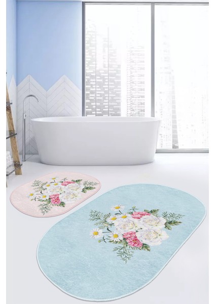 Açık Mavi & Pembe Gül Demeti Desenli 2'li Elips Kaymaz Tabanlı Banyo & Mutfak Paspas Takımı