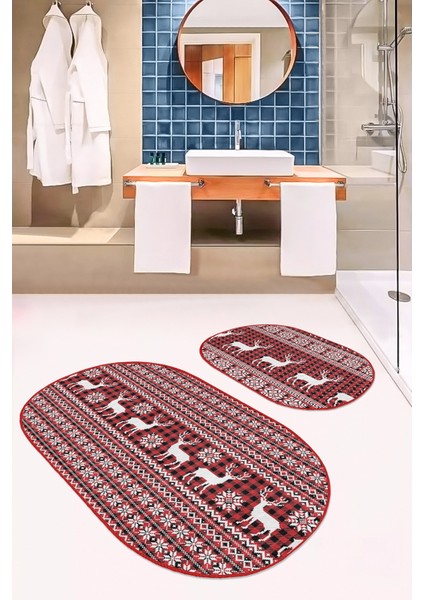 Yılbaşı Temalı Kanaviçe Motifli Geyik Özel Tasarım 2'li Elips Kaymaz Tabanlı Banyo & Mutfak Paspas Takımı