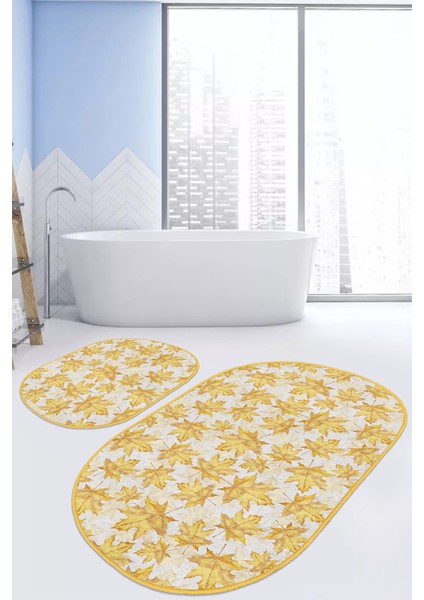 Gold Yapraklar Özel Tasarım Dijital Baskılı 2'li Elips Kaymaz Tabanlı Banyo & Mutfak Paspas Takımı modelleri