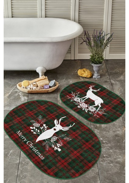 Mery Christmas Temalı Geyik Tasarımlı Dijital Baskılı 2'li Elips Kaymaz Tabanlı Banyo & Mutfak Paspas Takımı