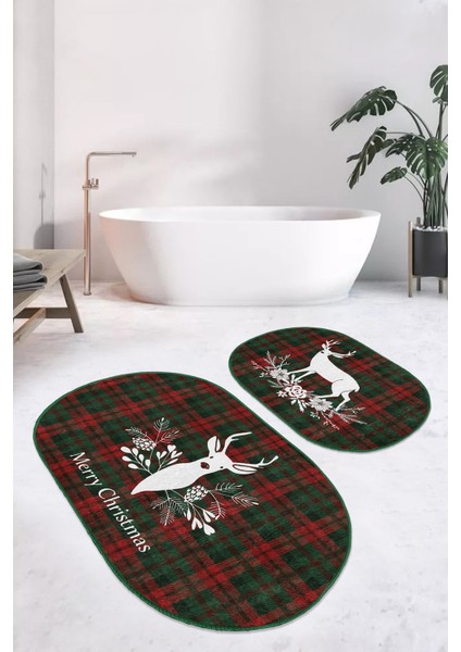 Mery Christmas Temalı Geyik Tasarımlı Dijital Baskılı 2'li Elips Kaymaz Tabanlı Banyo & Mutfak Paspas Takımı fiyatları