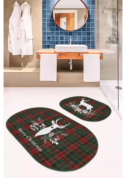 Mery Christmas Temalı Geyik Tasarımlı Dijital Baskılı 2'li Elips Kaymaz Tabanlı Banyo & Mutfak Paspas Takımı modelleri