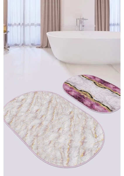 Mermer Motifli Mor Mermer Detaylı 2'li Elips Kaymaz Tabanlı Banyo & Mutfak Paspas Takımı fiyatları