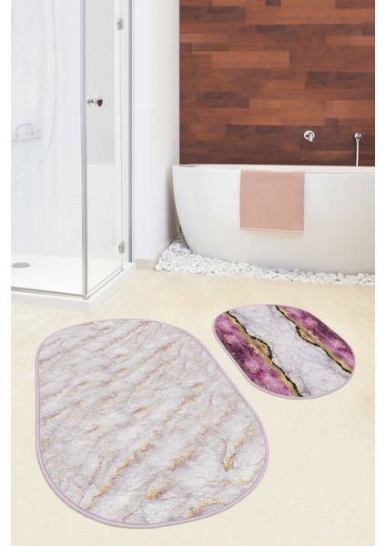 Mermer Motifli Mor Mermer Detaylı 2'li Elips Kaymaz Tabanlı Banyo & Mutfak Paspas Takımı modelleri