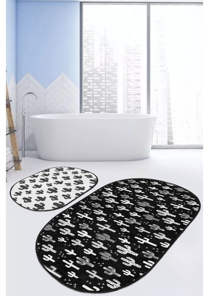 Siyah Beyaz Kaktüs Motifli Özel Tasarım 2'li Elips Kaymaz Tabanlı Banyo & Mutfak Paspas Takımı modelleri