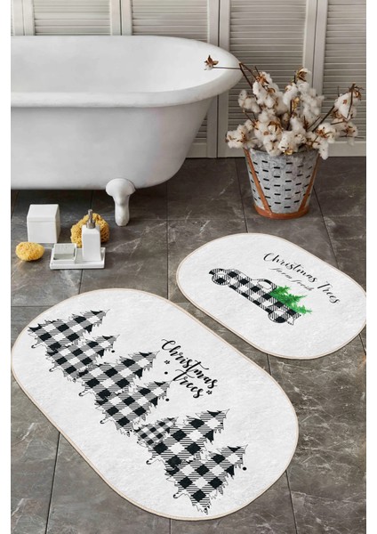 Ekose Çam Ağacı Christmas Temalı 2'li Elips Kaymaz Tabanlı Banyo Halı Seti & Mutfak Halı Takımı