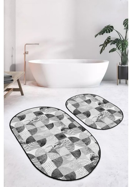 Gri Geometrik Mermer Motifli 2'li Elips Kaymaz Tabanlı Banyo Halı Takımı & Mutfak Paspas Seti