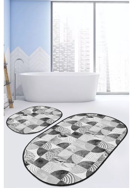 Gri Geometrik Mermer Motifli 2'li Elips Kaymaz Tabanlı Banyo Halı Takımı & Mutfak Paspas Seti fiyatları