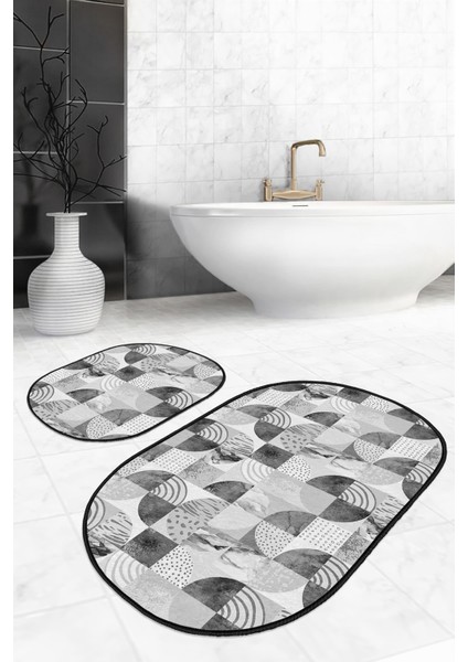 Gri Geometrik Mermer Motifli 2'li Elips Kaymaz Tabanlı Banyo Halı Takımı & Mutfak Paspas Seti modelleri