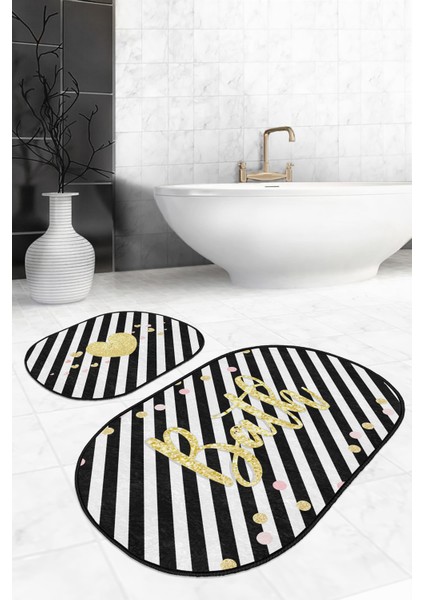 Siyah Beyaz Çizgili Gold Detaylı 2'li Elips Kaymaz Tabanlı Banyo & Mutfak Paspas Takımı