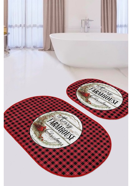 Kırmızı Siyah Ekose Christmas Temalı 2'li Elips Mutfak Paspas Takımı & Banyo Halısı Seti