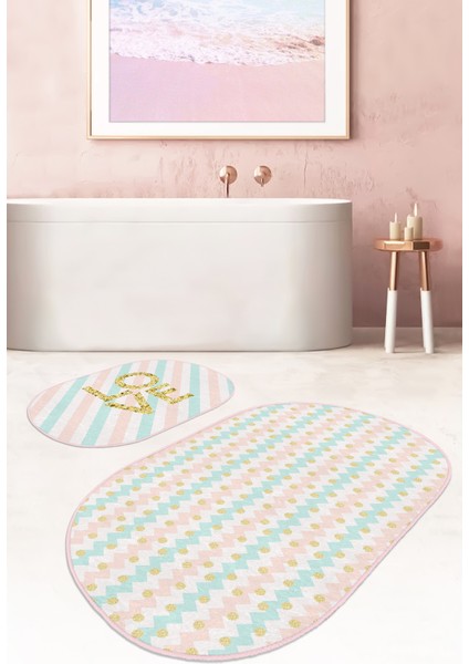 Renkli Zigzag Motifli Gold Detaylı Dijital Baskılı 2'li Elips Kaymaz Tabanlı Banyo & Mutfak Paspas Takımı