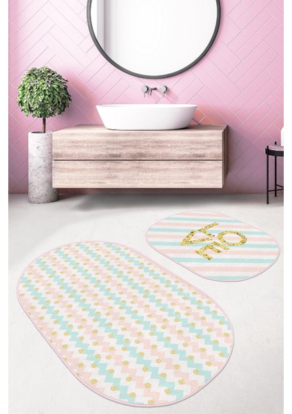 Renkli Zigzag Motifli Gold Detaylı Dijital Baskılı 2'li Elips Kaymaz Tabanlı Banyo & Mutfak Paspas Takımı fiyatları
