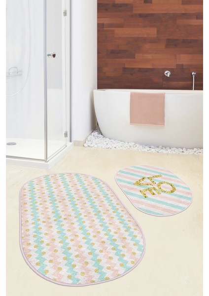 Renkli Zigzag Motifli Gold Detaylı Dijital Baskılı 2'li Elips Kaymaz Tabanlı Banyo & Mutfak Paspas Takımı modelleri