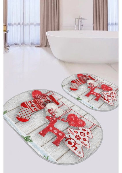 Love Tasarımlı Yılbaşı Temalı Özel Tasarım 2'li Elips Kaymaz Tabanlı Banyo & Mutfak Paspas Takımı