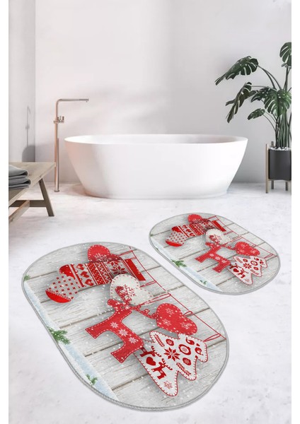 Love Tasarımlı Yılbaşı Temalı Özel Tasarım 2'li Elips Kaymaz Tabanlı Banyo & Mutfak Paspas Takımı
