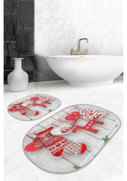 Love Tasarımlı Yılbaşı Temalı Özel Tasarım 2'li Elips Kaymaz Tabanlı Banyo & Mutfak Paspas Takımı