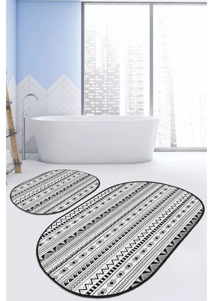 Iskandinav Temalı Geometrik Çizimli 2'li Elips Kaymaz Tabanlı Banyo & Mutfak Paspas Takımı