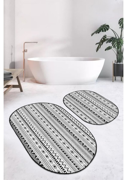 Iskandinav Temalı Geometrik Çizimli 2'li Elips Kaymaz Tabanlı Banyo & Mutfak Paspas Takımı