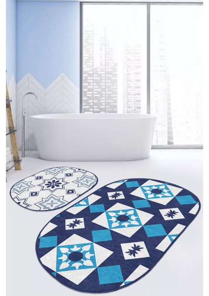 Geometrik Lacivert Çizimli 2'li Elips Kaymaz Tabanlı Banyo Halı Takılı & Klozet Paspas Seti fiyatları
